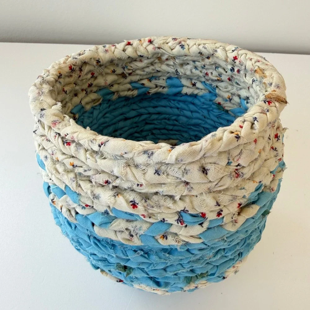 Vintage Hand Braided Fabric Rag Basket Blue Floral Coiled Cotton Storage Bowl